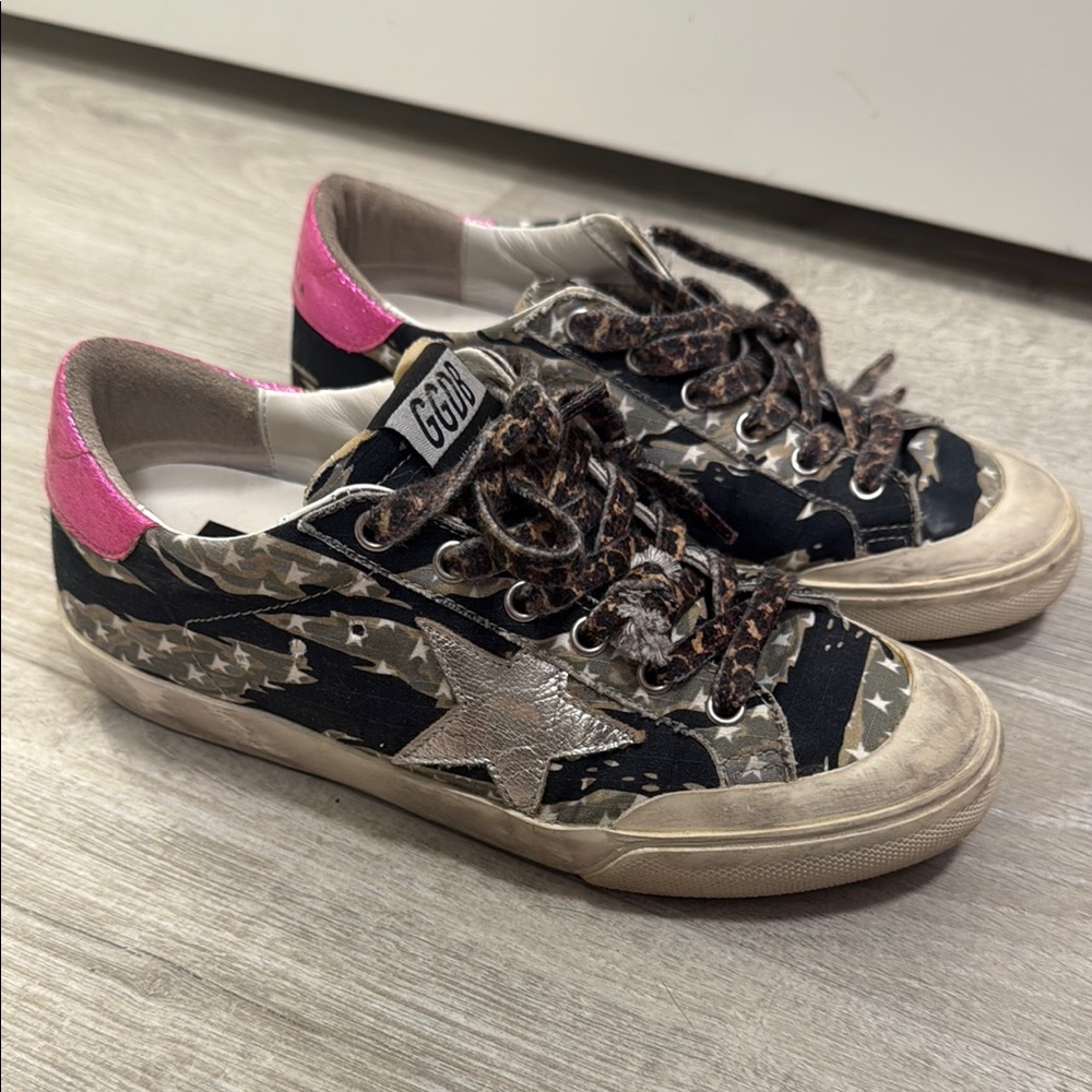 Golden Goose Black and Pink Star Sneakers with Leopard Laces